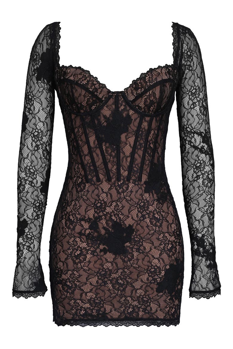 Lucienne Long Sleeve Stretch Lace Minidress, Alternate, color, BLACK
