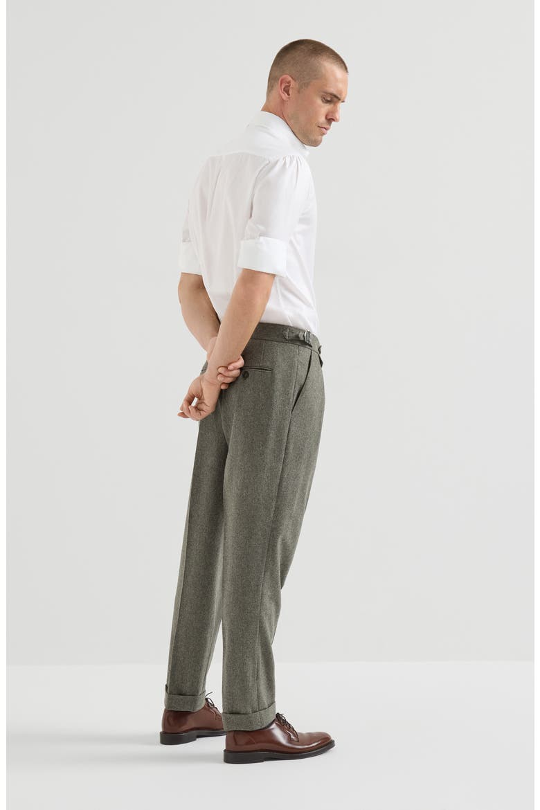 Virgin wool flannel trousers with double pleats and waist tabs, Alternate, color, Military