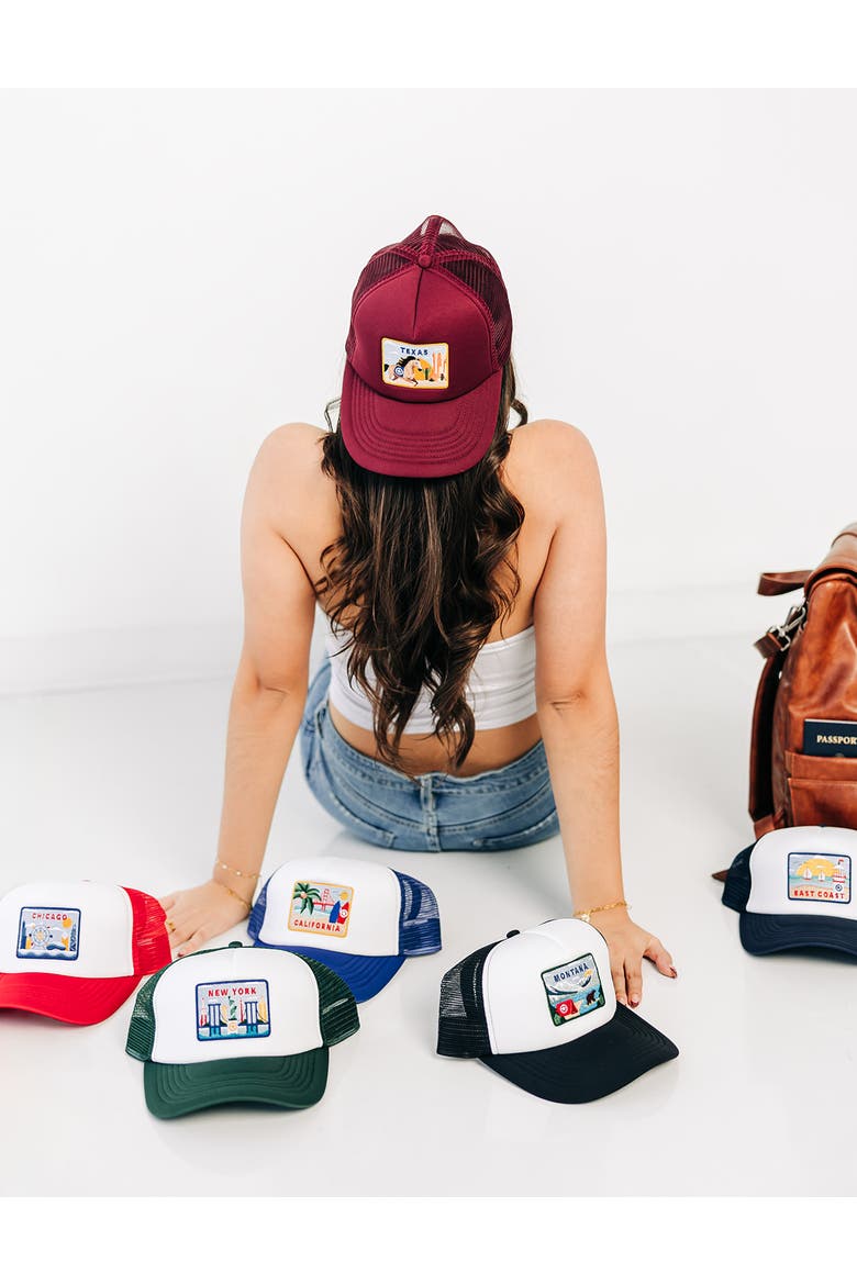 Texas Postcard Trucker Hat - Kids, Alternate, color, Burgundy
