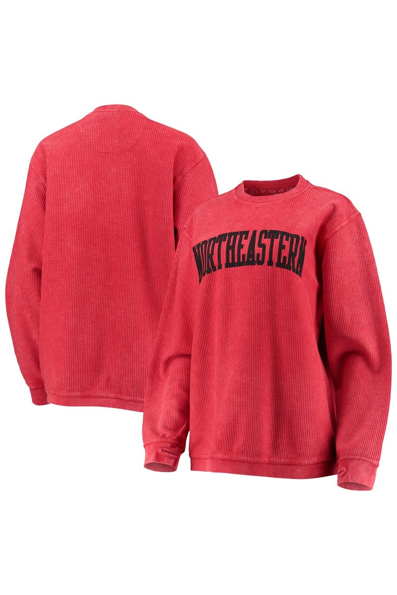 Women's Pressbox Red Northeastern Huskies Comfy Cord Vintage Wash Basic Arch Pullover Sweatshirt, Alternate, color, Red