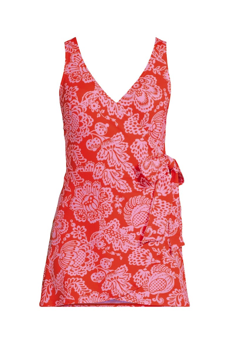 Plus Size Side Tie Mini Swim Dress Swimsuit, Alternate, color, Radiant Orange Floral Medley