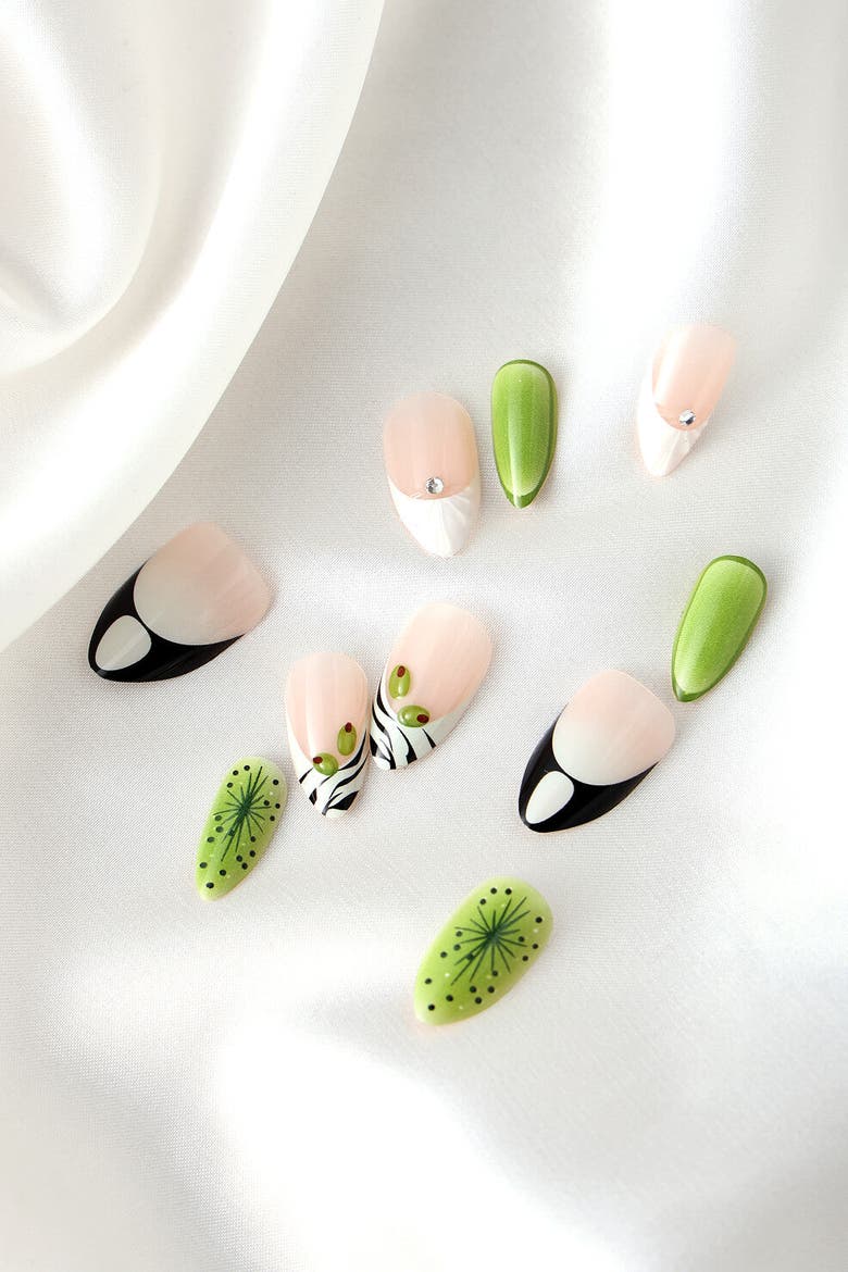 Zebratini Short Almond Press On Nails, Alternate, color, Green