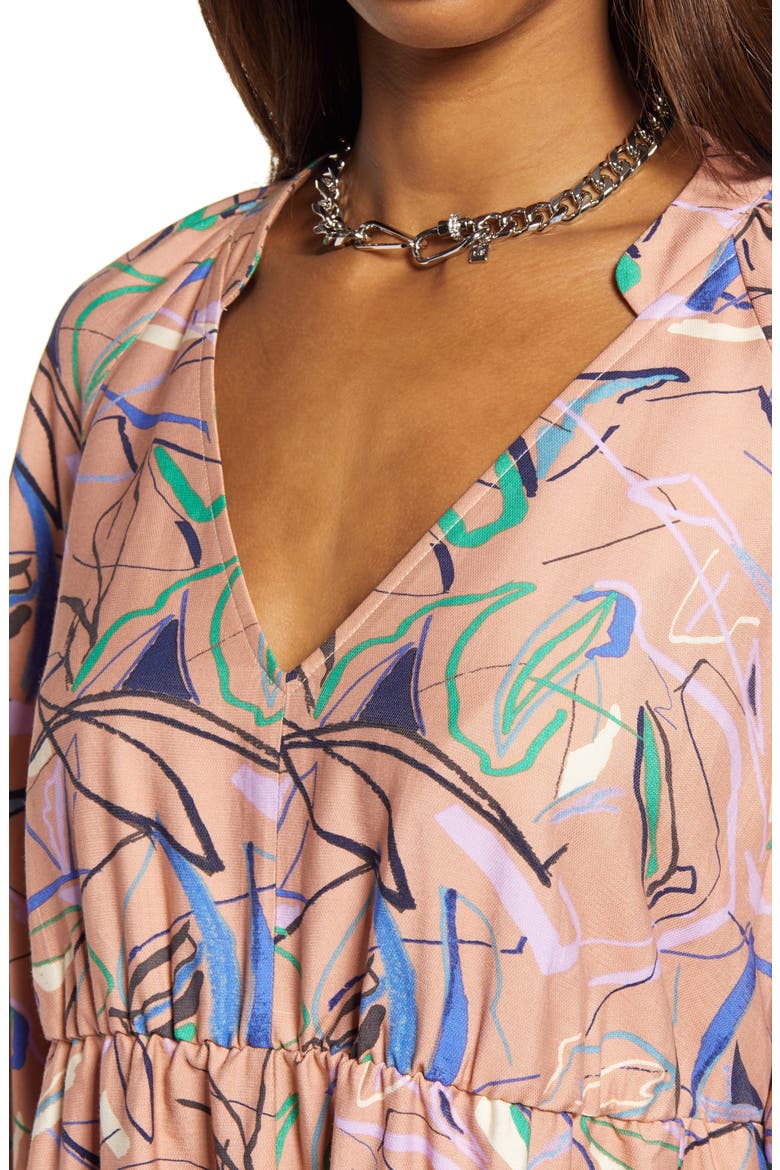 Long Sleeve Tiered Babydoll Dress, Alternate, color, TAN DOODLE PRINT