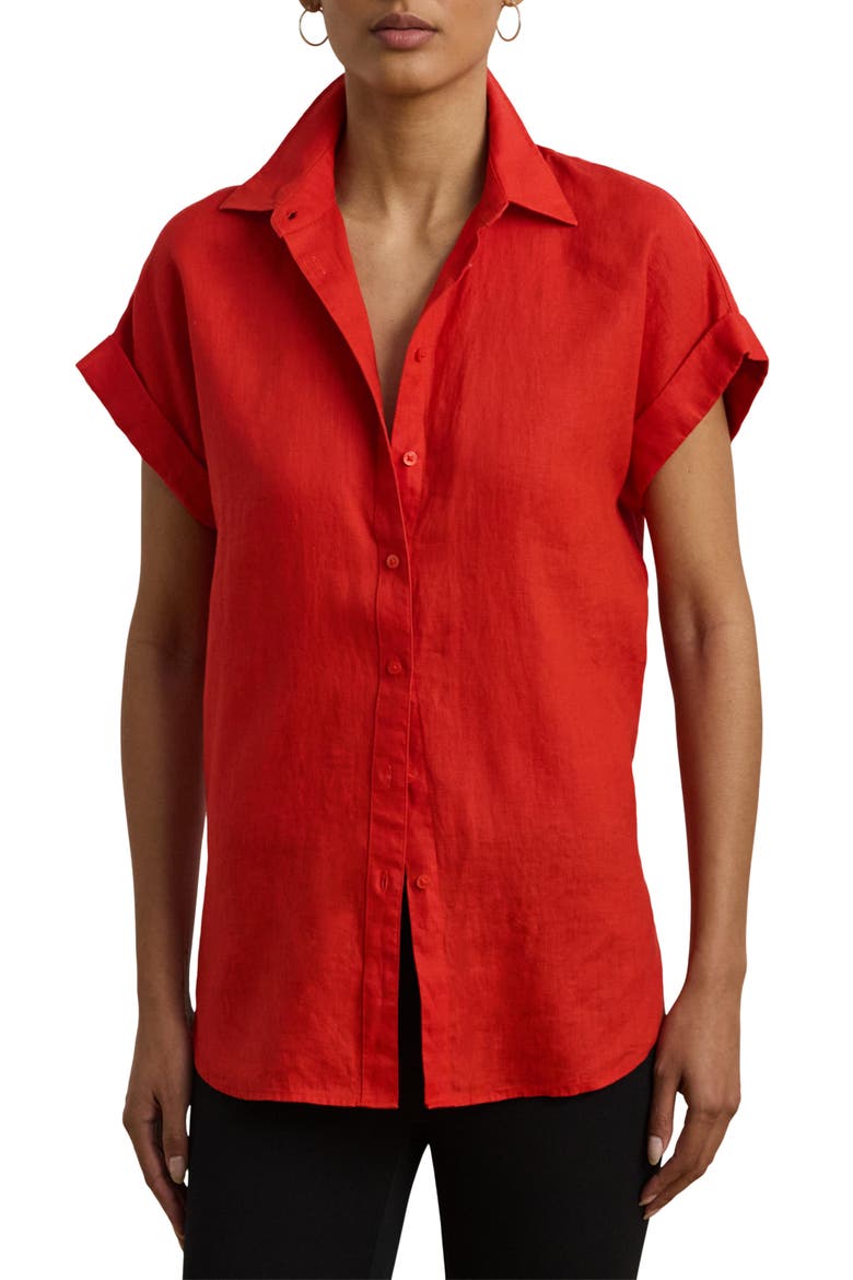 Short Sleeve Linen Button-Up Shirt, Main, color, BRIGHT VERMILION