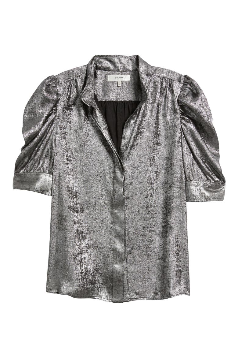 The Gillian Shiny Puff Sleeve Button-Up Shirt, Alternate, color, GUNMETAL