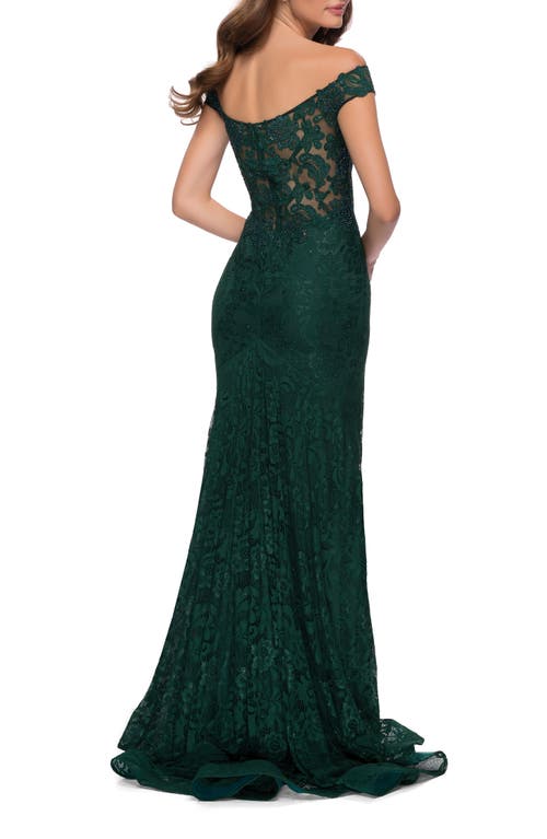 La Femme Lace Off The Shoulder Gown With Deep V Neckline In Emerald