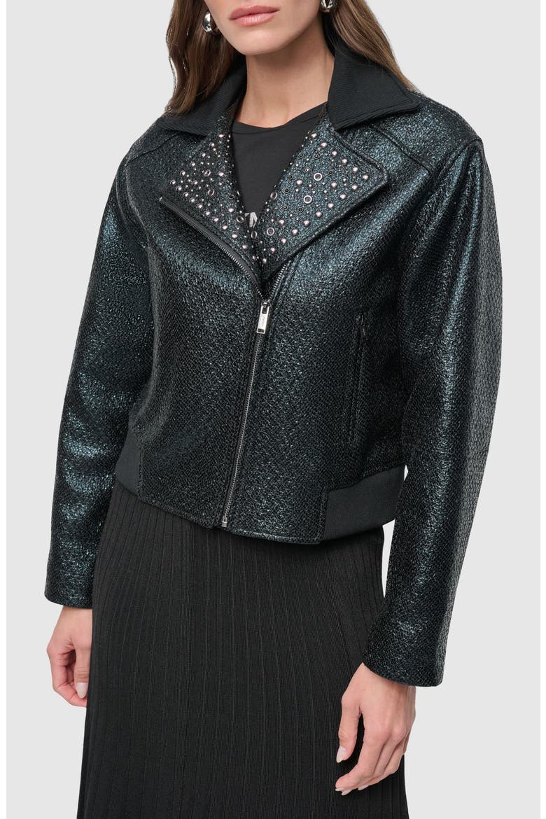 Foil Tweed Moto Jacket, Main, color, BLACK