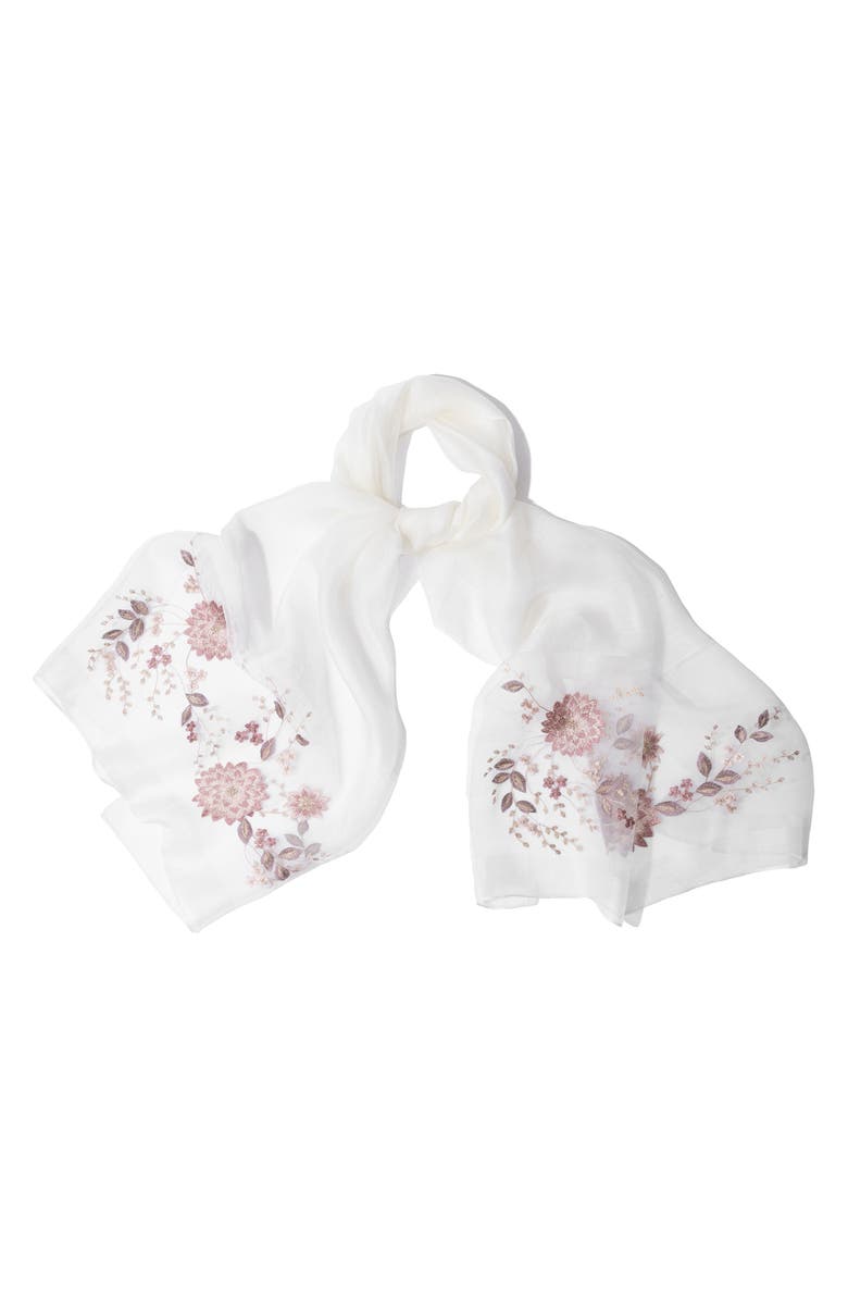 SAACHI Floral Embroidered Scarf, Main, color, Ivory