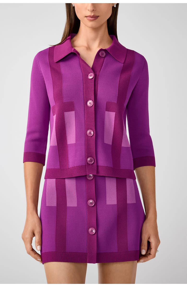 Trina Turk Gaia Colorblock Collared Cardigan, Main, color, Elderberry Multi