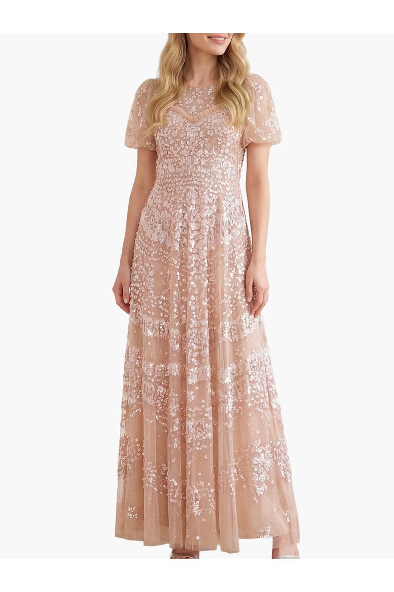Anais Sequin Short Sleeve Gown, Main, color, Biscuit