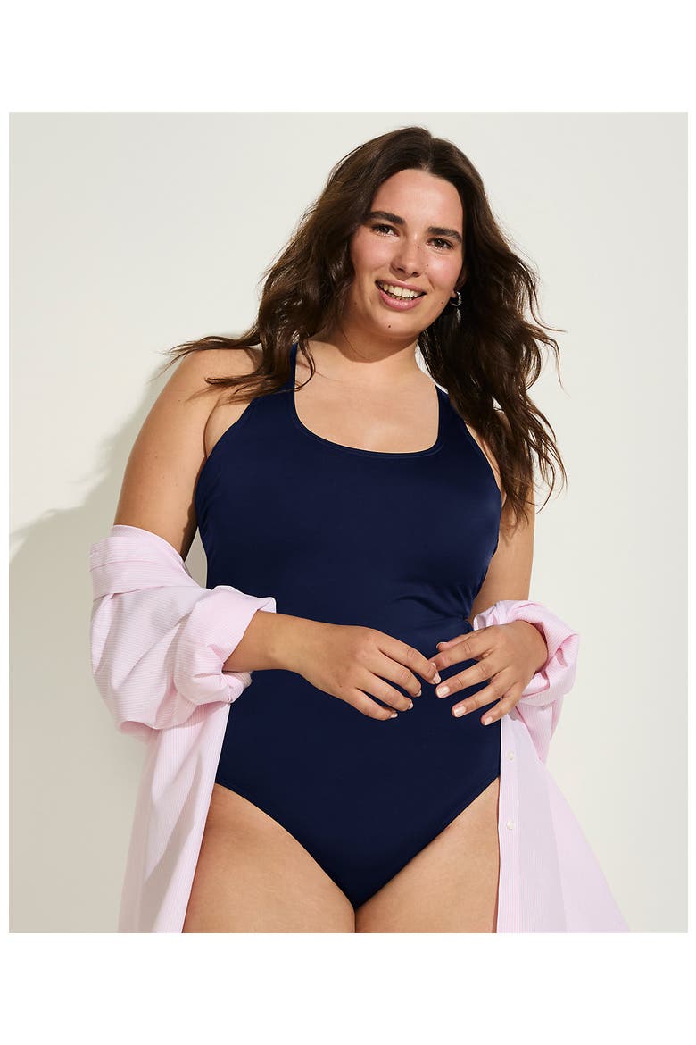 Chlorine Resistant Scoop Neck X-Back High Leg Soft Cup Tugless Sporty One Piece Swimsuit, Alternate, color, Deep Sea Navy