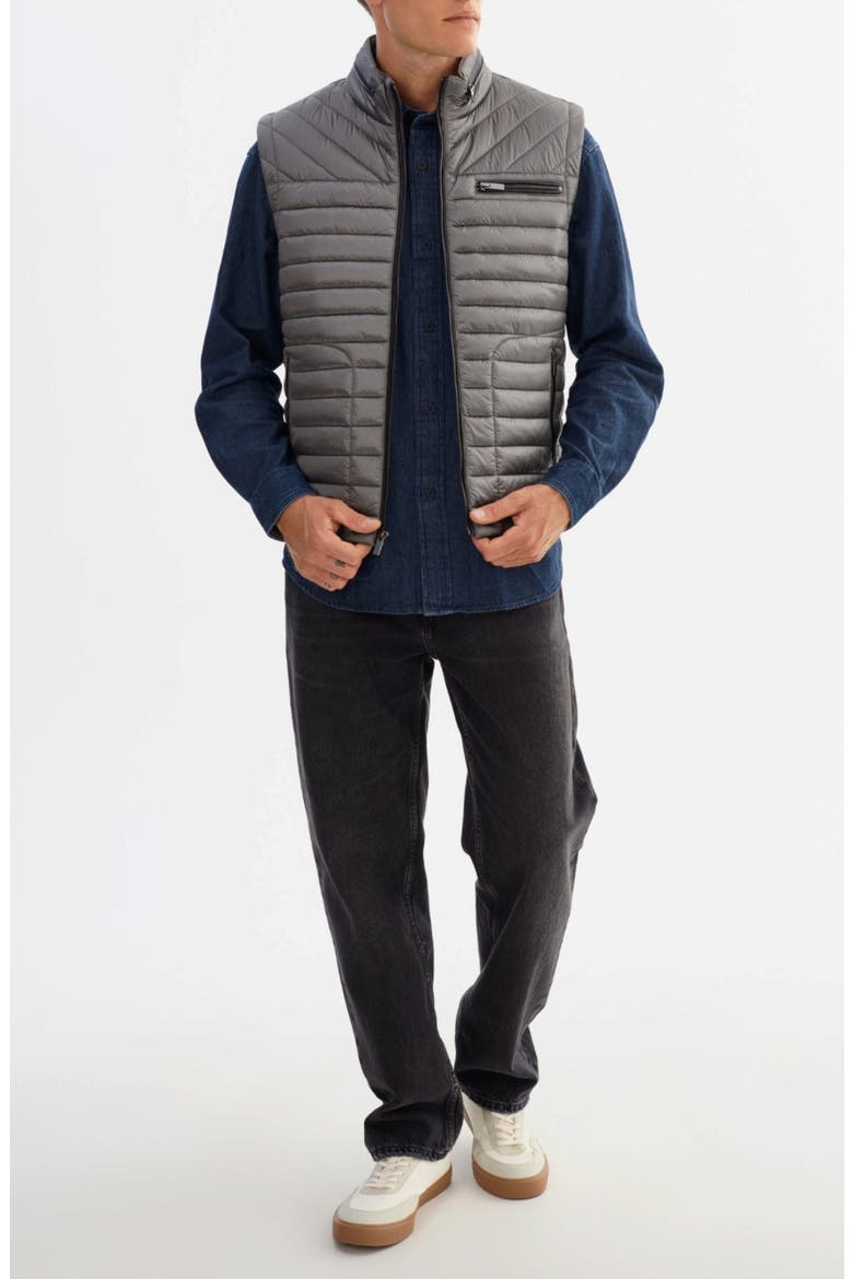 Sammy Quilted Nylon Puffer Vest with Leather Trim, Alternate, color, GREY