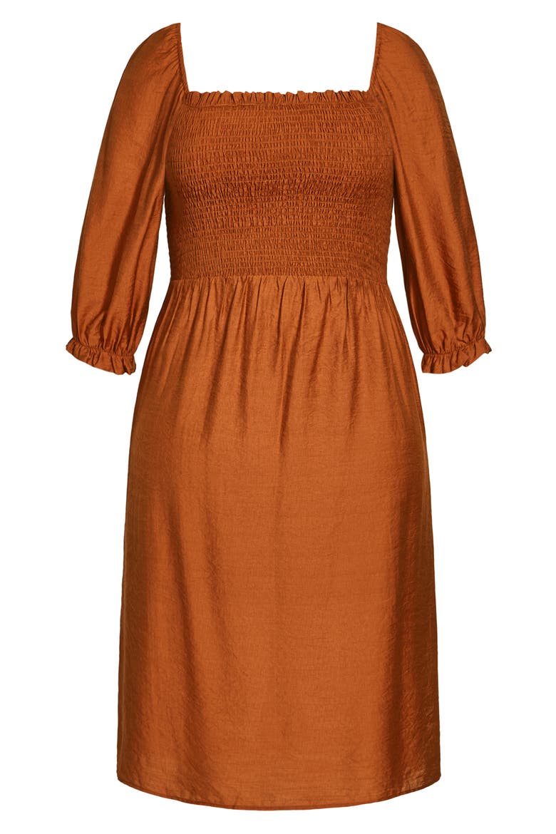 Fearless Smocked Long Sleeve Midi Dress, Alternate, color, CARAMEL