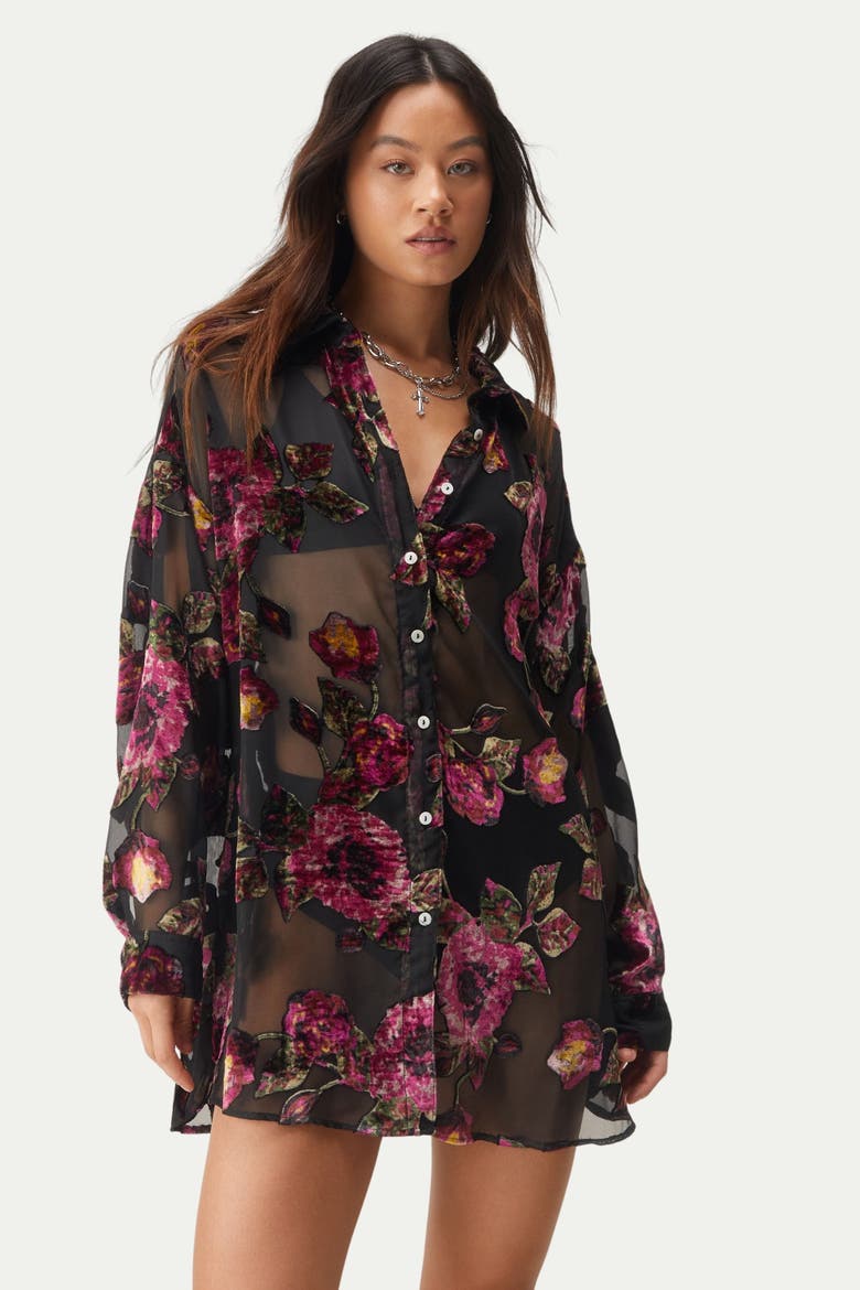 Devore Oversized Sheer Floral Shirt, Alternate, color, Black