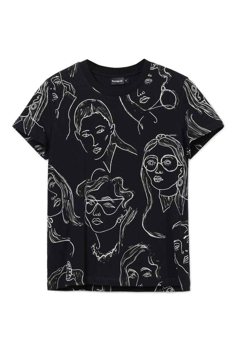 Caras Faces Print Cotton T-Shirt, Alternate, color, BLACK