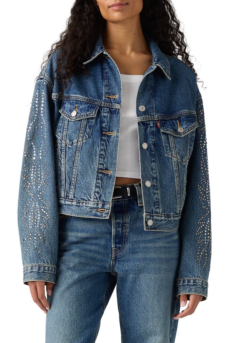 Shrunken '90s Embellished Crop Denim Trucker Jacket, Main, color, SOLARGENIC TRUCKER