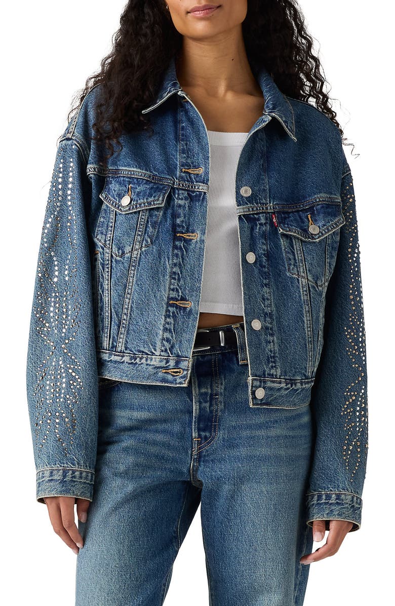 Levi's<sup>®</sup> Shrunken '90s Embellished Crop Denim Trucker Jacket, Main, color, Solargenic Trucker