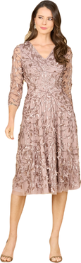 LARA New York Flowing, 3D Embroidered Midi Dress with Sleeves
