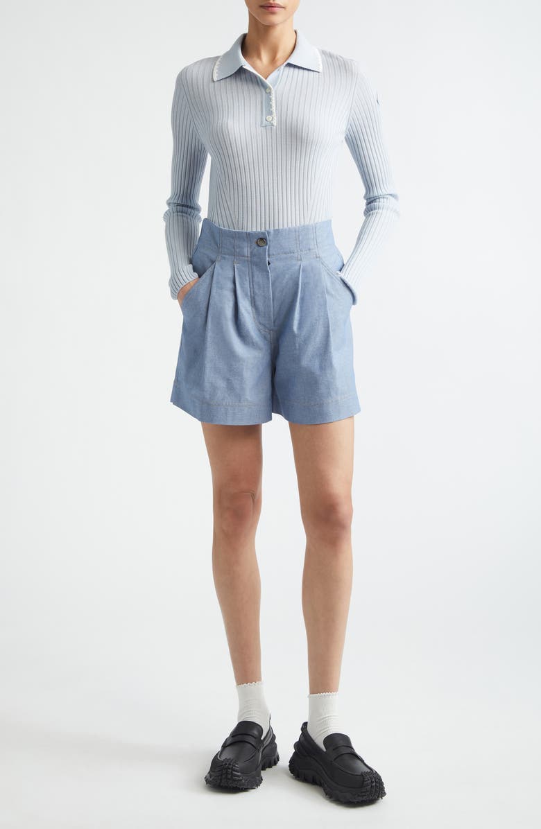 Moncler Grenoble Pleated Cotton Chambray Shorts, Alternate, color, Rain Washed