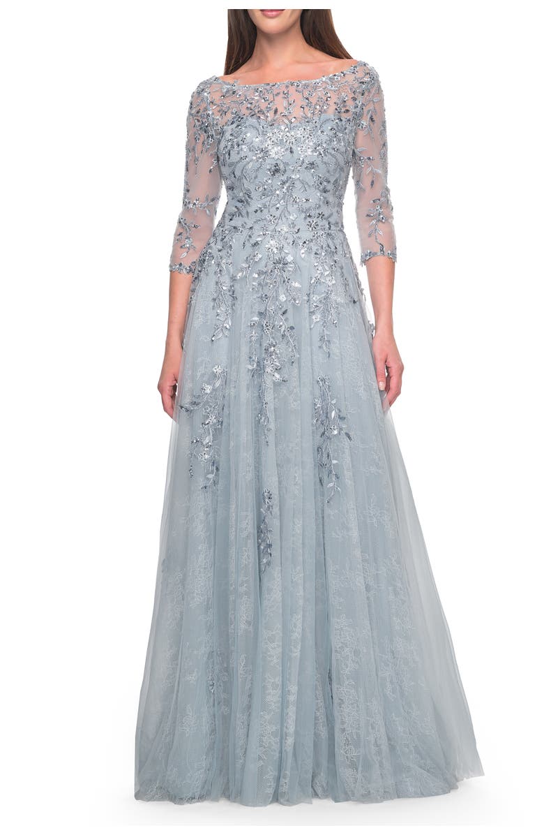 La Femme A-Line Lace and Beaded Mother of the Bride Gown, Main, color, Dusty Blue