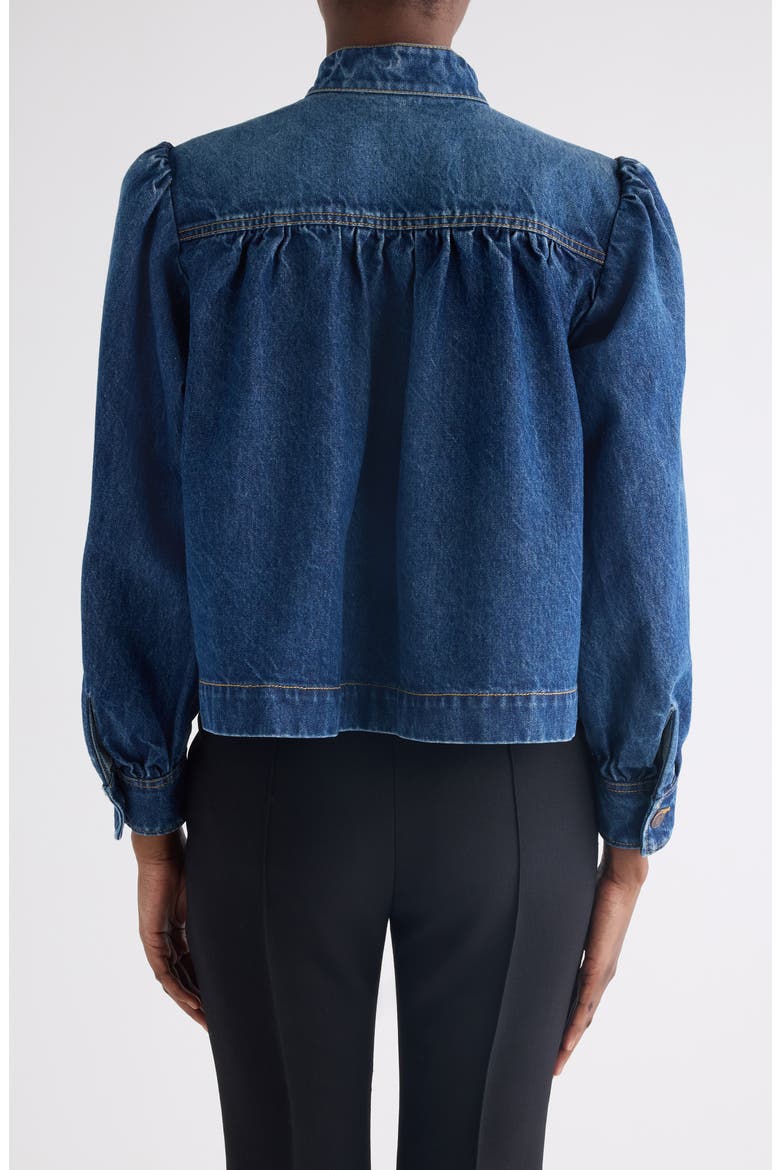 Chain Detail Puff Shoulder Denim Jacket, Alternate, color, FADED INDIGO