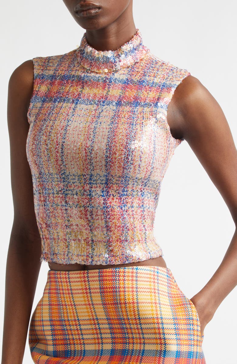 Brandon Maxwell The Piper Paillette Plaid Mock Neck Top, Alternate, color, Orange Plaid