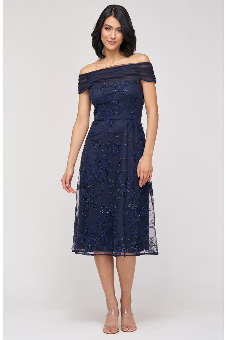 Gemma Beaded Floral Off the Shoulder Cocktail Dress, Alternate, color, NAVY