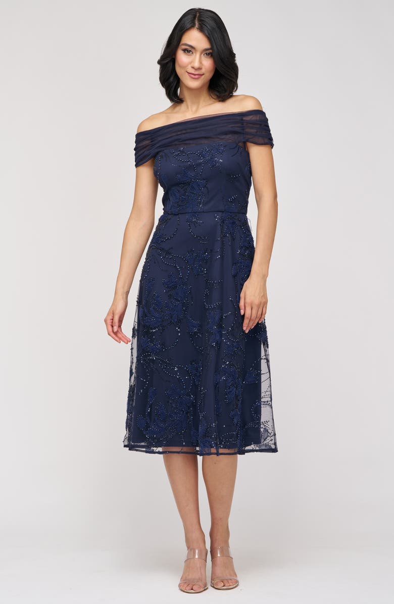 JS Collections Gemma Beaded Floral Off the Shoulder Cocktail Dress, Alternate, color, Navy
