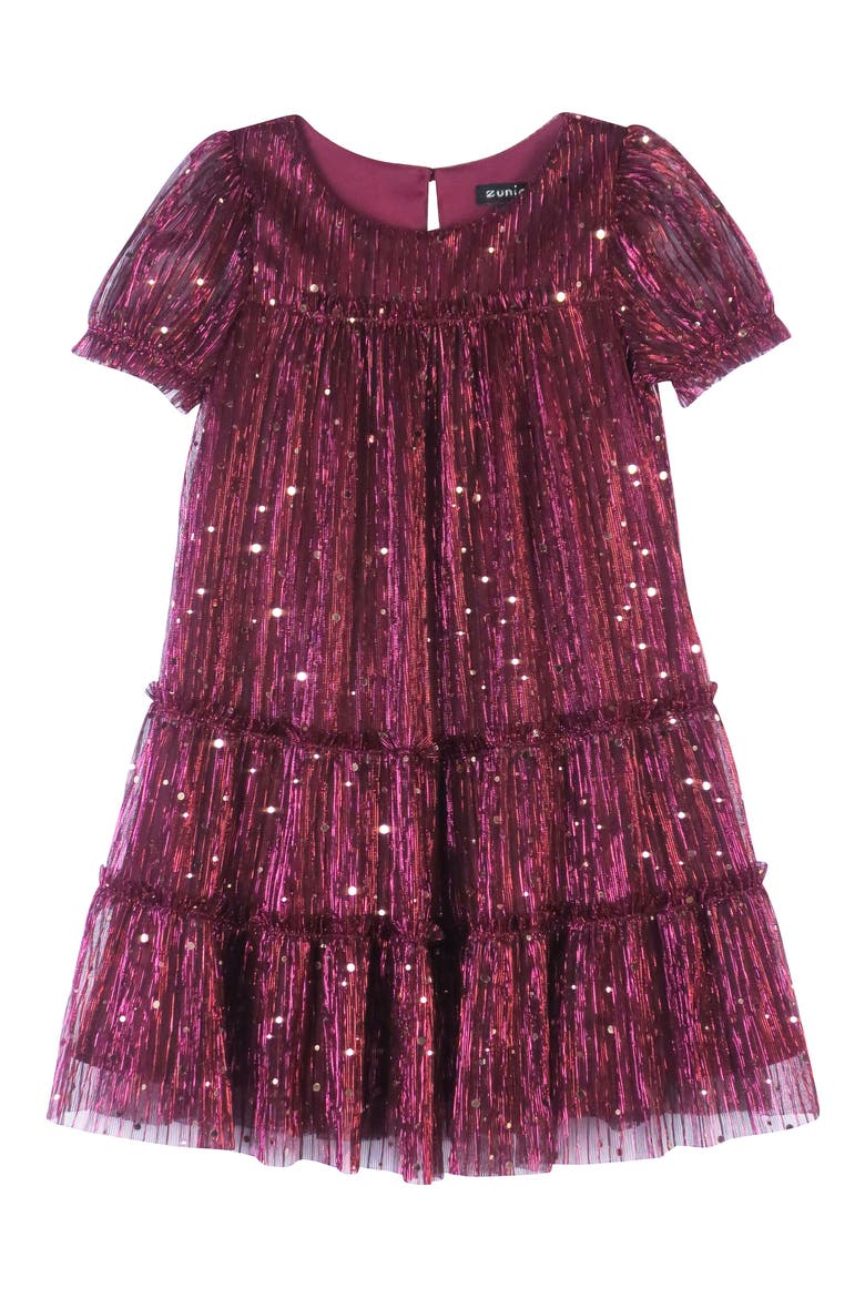 Kids' Plissé Metallic Babydoll Dress, Main, color, CRANBERRY