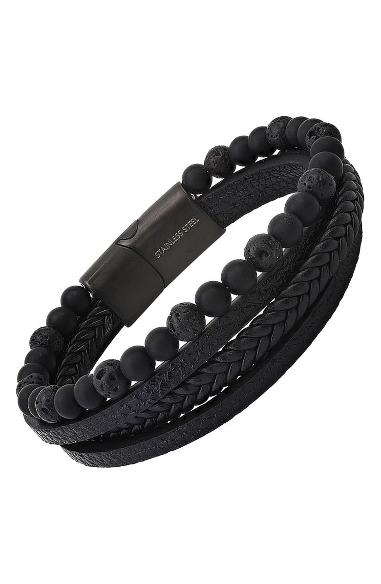 HMY JEWELRY Mens' Multi-Strand Bead & Braided Leather Bracelet, Alternate, color, Brown/ Silver