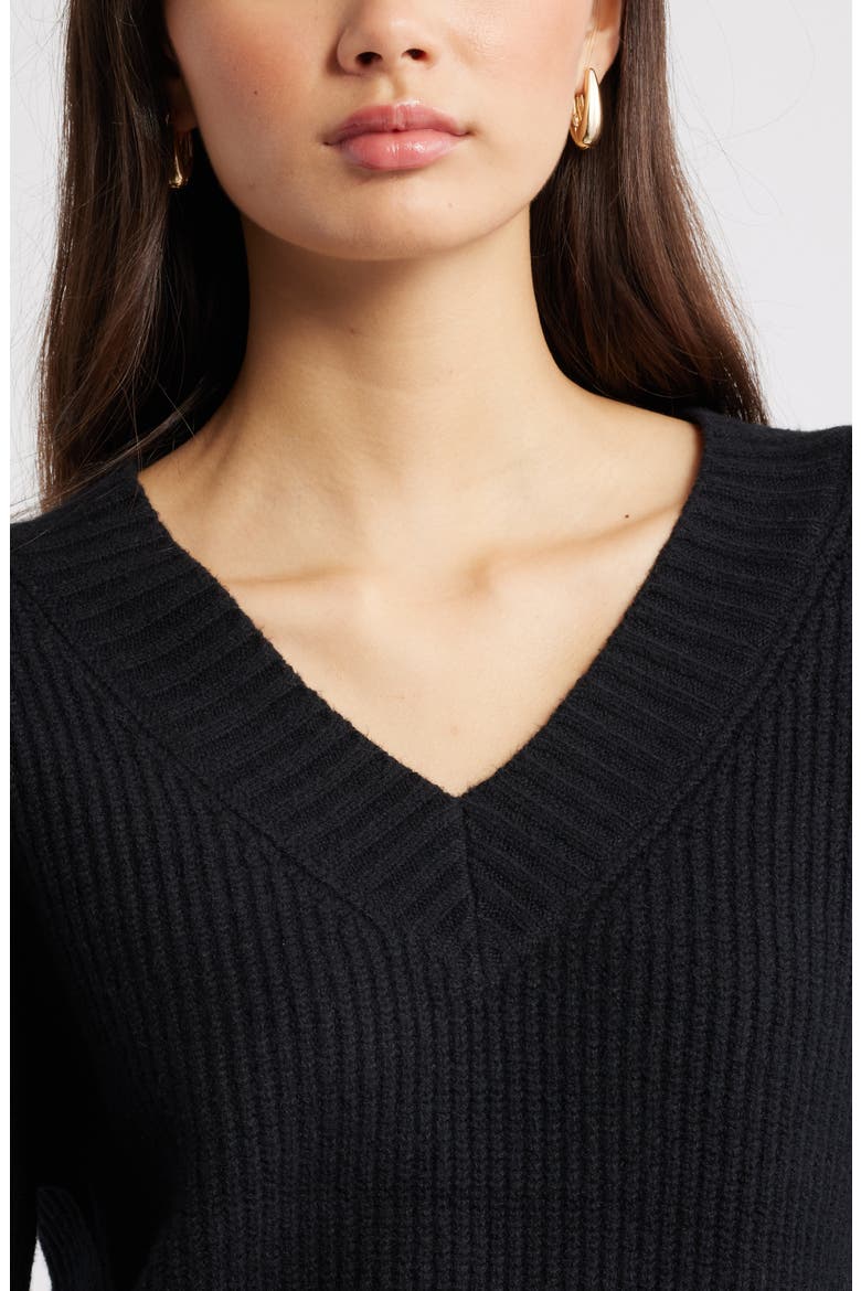 Rib V-Neck Sweater, Alternate, color, BLACK