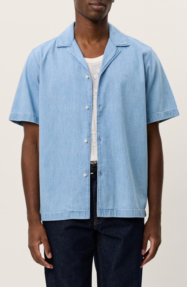 Les Deux Lesley Organic Cotton Denim Camp Shirt, Main, color, Light Indigo Wash