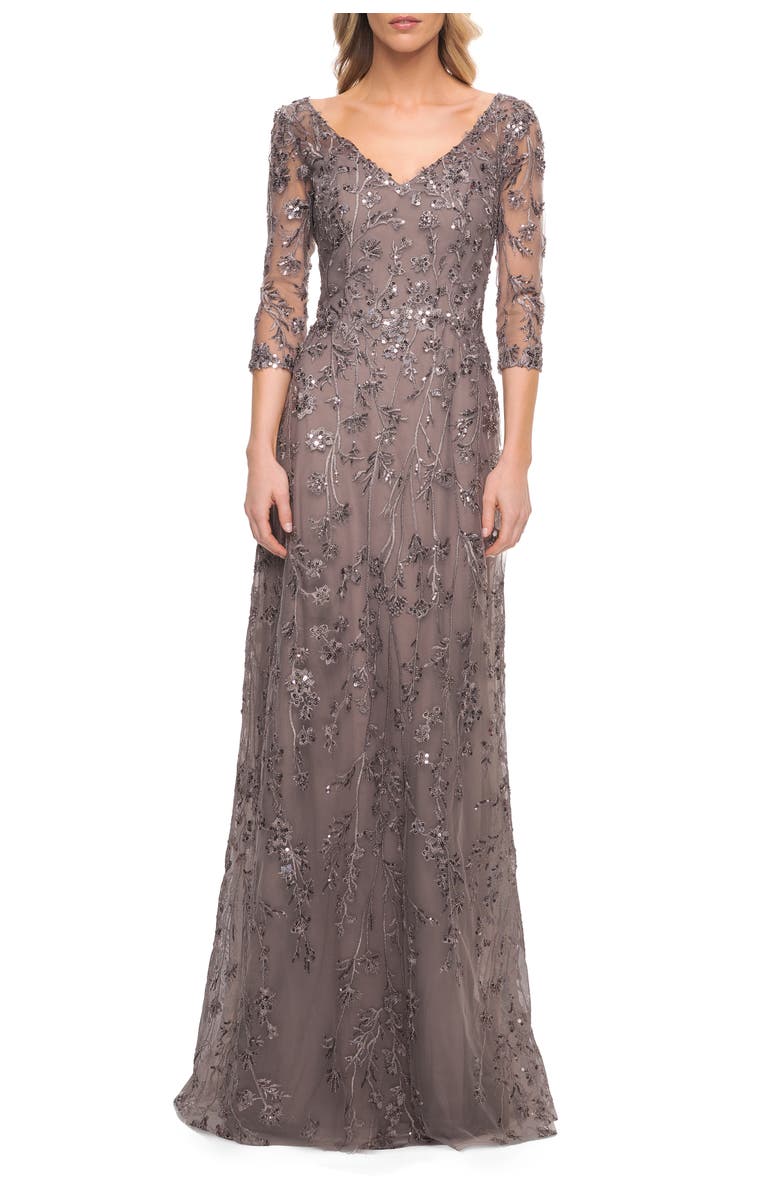 La Femme Beaded Lace Gown with V Neckline and Sheer Sleeves, Main, color, Gunmetal
