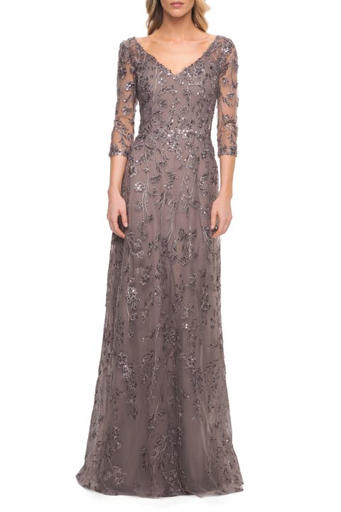 Beaded Lace Gown with V Neckline and Sheer Sleeves