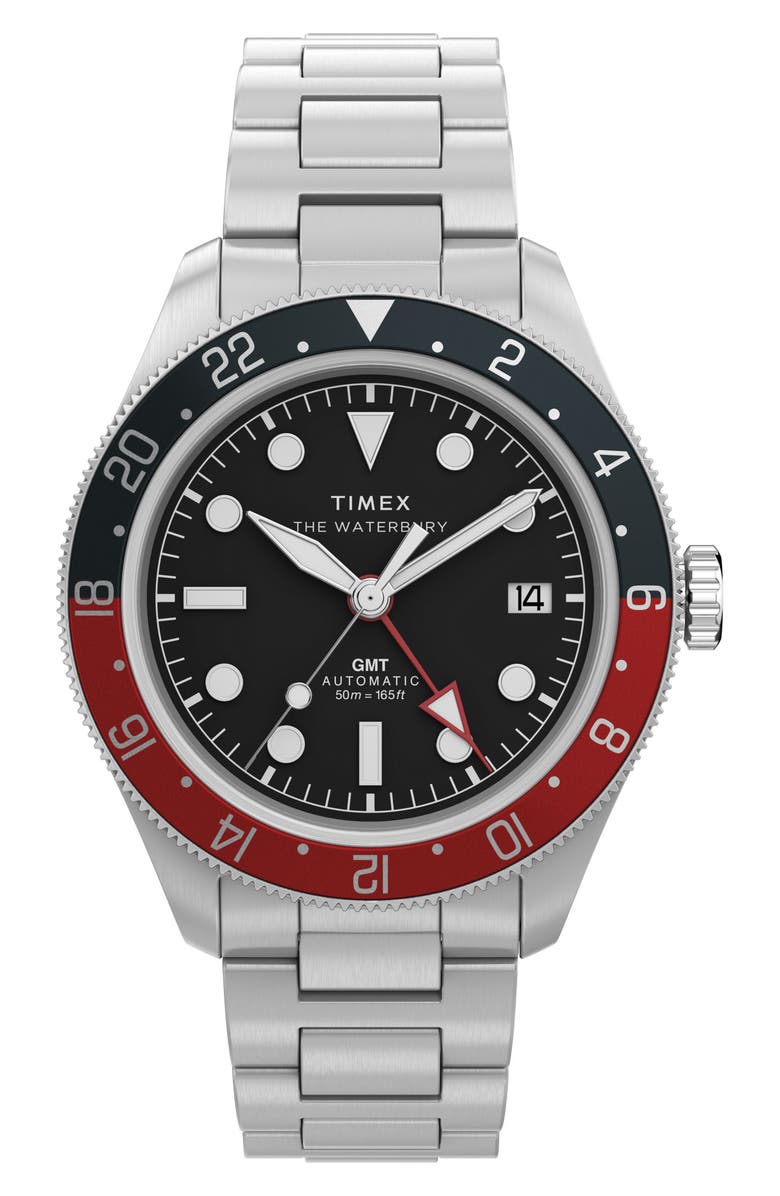 Timex<sup>®</sup> The Waterbury Heritage GMT Automatic Bracelet Watch, 41.5mm, Main, color, Silver-Tone