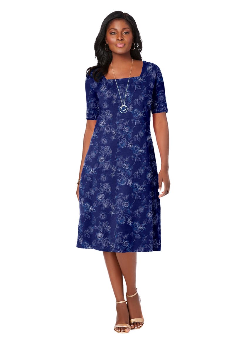 Stretch Cotton Square Neck Midi Dress, Main, color, BLUE OUTLINE FLORAL