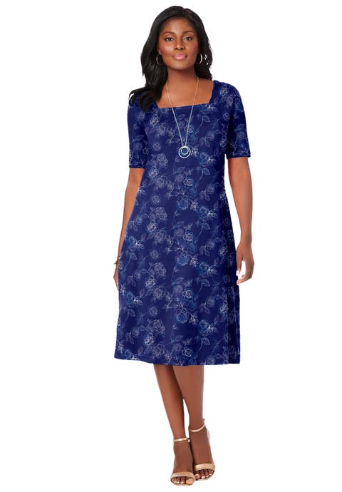 Stretch Cotton Square Neck Midi Dress (Plus Available)