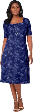 Jessica London Stretch Cotton Square Neck Midi Dress