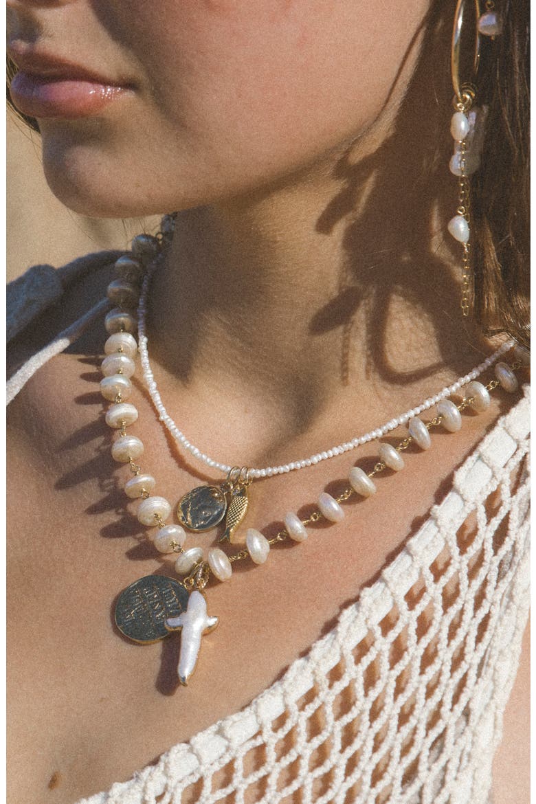 El Mar Imitation Pearl Cross Necklace, Alternate, color, GOLD