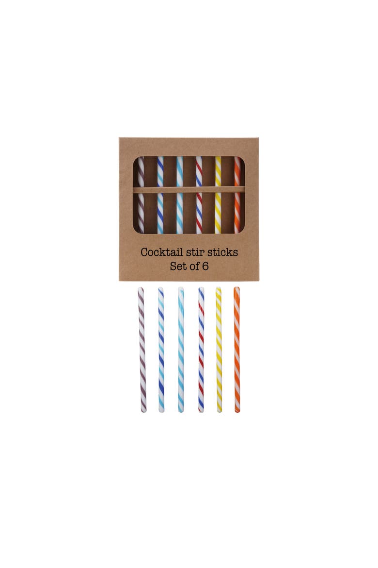 6-Piece Glass Cocktail Stir Stick Set with Stripes, Multicolor, Main, color, Red