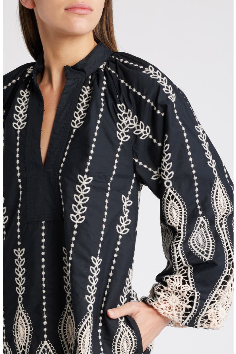 Dianna Embroidered Long Sleeve Cotton Shift Dress, Alternate, color, BLACK/CREAM