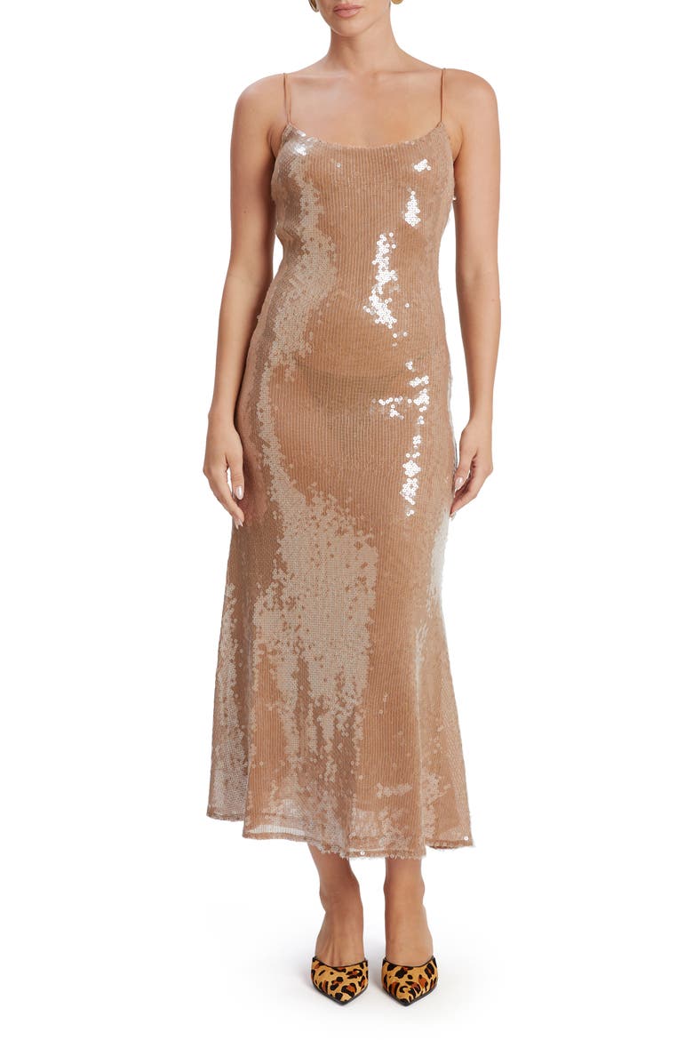 Ramira Sequin Cocktail Midi Dress, Main, color, BEIGE