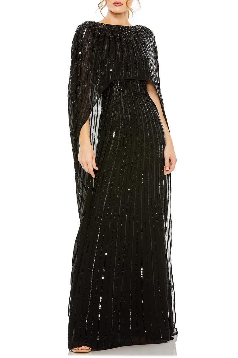 Embellished Beaded Column Cape Gown, Main, color, BLACK