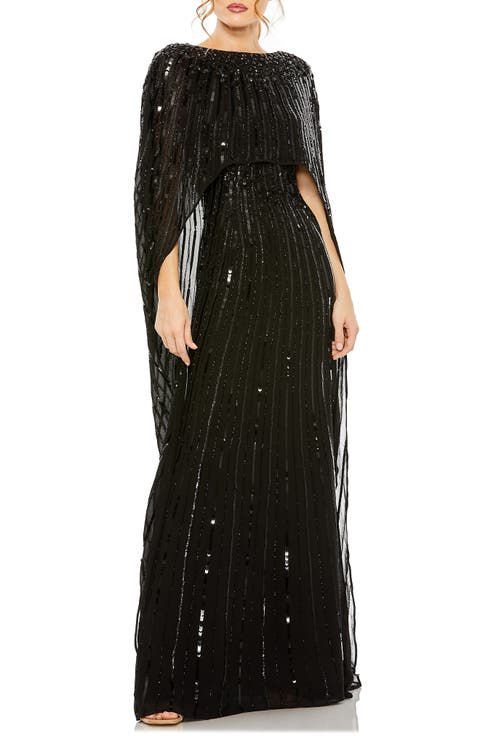 Embellished Beaded Column Cape Gown