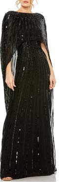 Mac Duggal Embellished Beaded Column Cape Gown