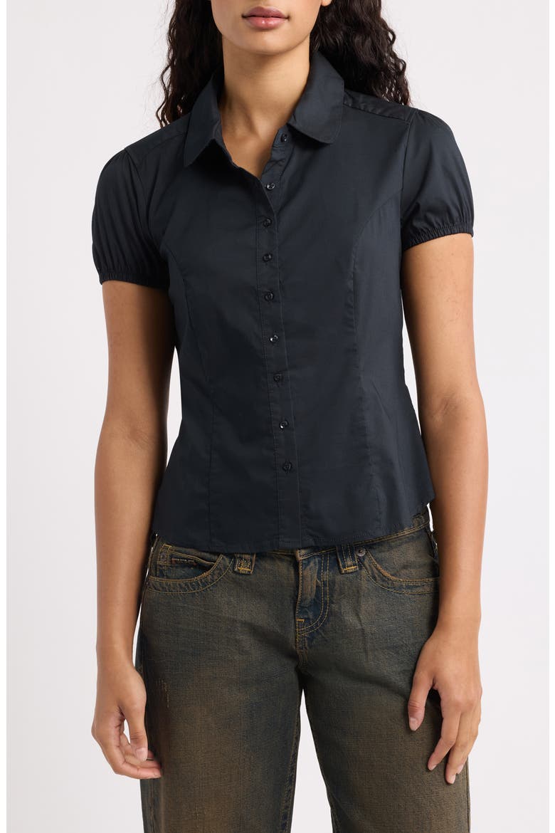 Clover Short Sleeve Button-Up Shirt, Main, color, BLACK