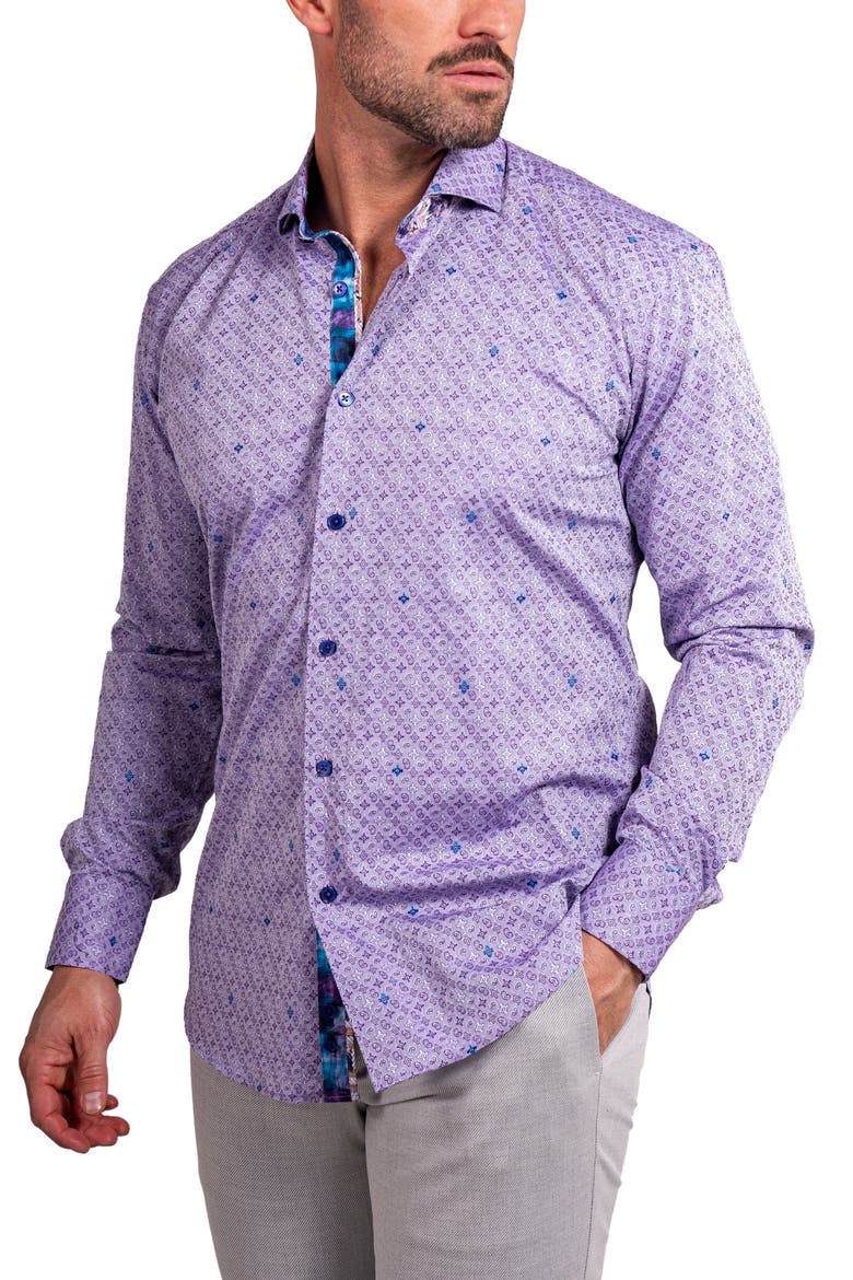 Einstein Ascension0057 Purple Patterned Cotton Button-Up Shirt, Alternate, color, PURPLE