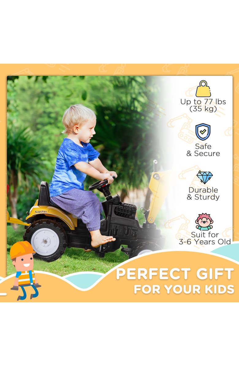 Aosom Kid's Pedal Digger Construction Car with Horn, Detachable Trailer, Alternate, color, Yellow