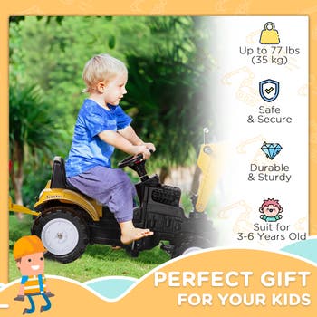 Kid's Pedal Digger Construction Car with Horn, Detachable Trailer