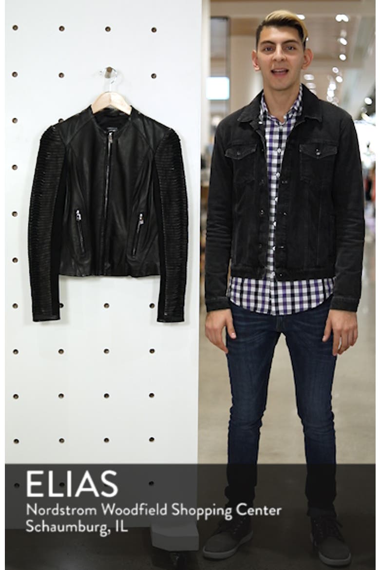 Collarless Pleated Sleeve Leather Jacket video